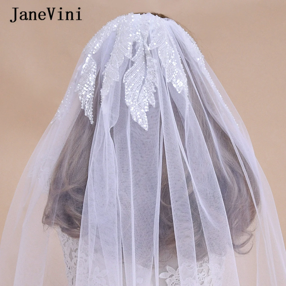 Janevini 2020 Fashion One Layer Bridal Veils Tulle 3M Ivoor Bruiloft Sluier Met Kam Pailletten Kralen Kathedraal Bruiloft Accessoires