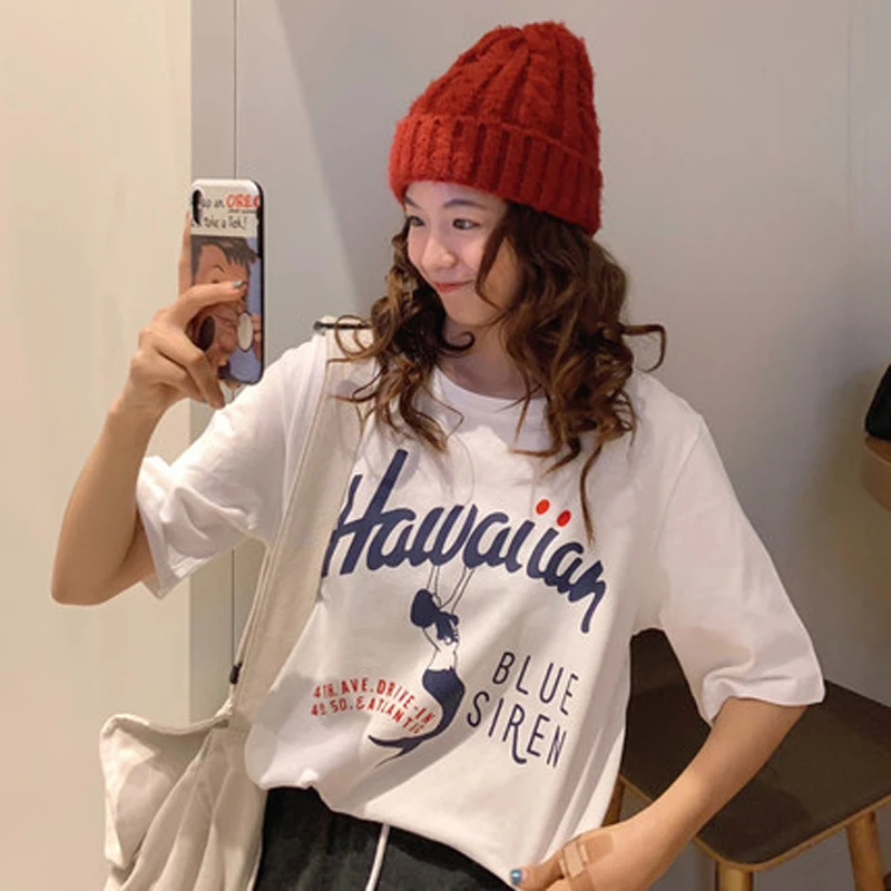 

Hawaii Graphic Tee Women T-shirt Summer Loose Gift Top Shirts Printed Cartoon Holiday Couple Tshirts Harajuku