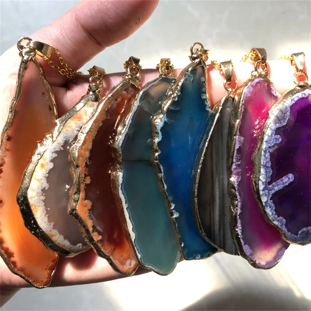 Natural Druzy Geode Agate Slice Gold Plated Crystal Agate Gemstone Pendant Necklace Sweater Chain Charm Jewelry