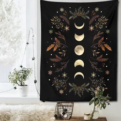 Tapiz de Fase lunar para decoración del hogar, tapiz de pared bohemio, alfombra negra para habitación, tapices psicodélicos