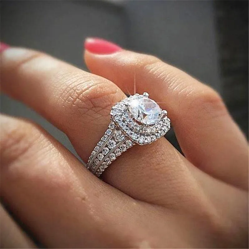 Drop Shipping Luxury Jewelry 925 Sterling Silver Round Cut White AAAAA Cubic Zircon Women Wedding Bridal Ring Set Gift