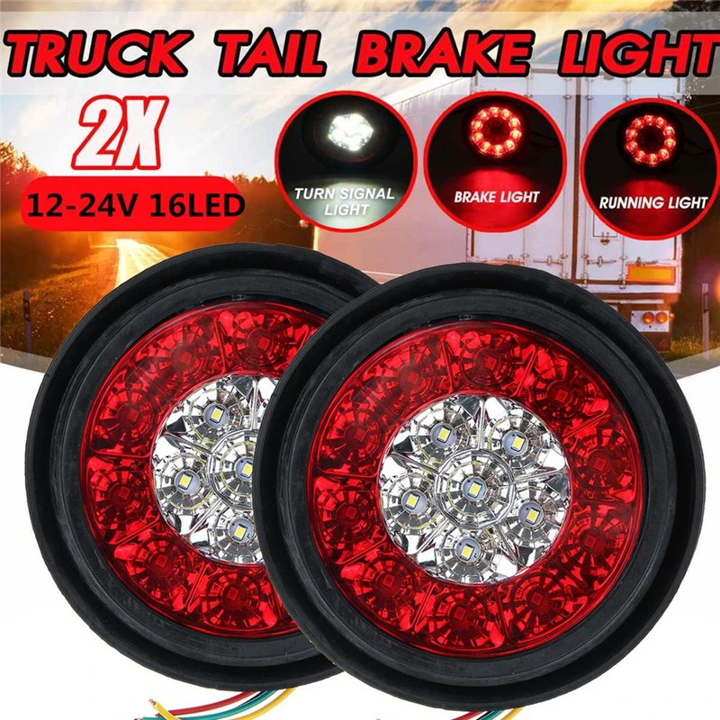 2Pcs 12V 16 LED Car Round Dual-Color Taillights Rear Fog Light Stop Brake Running Reverse Lamp For Truck Trailer Lorry