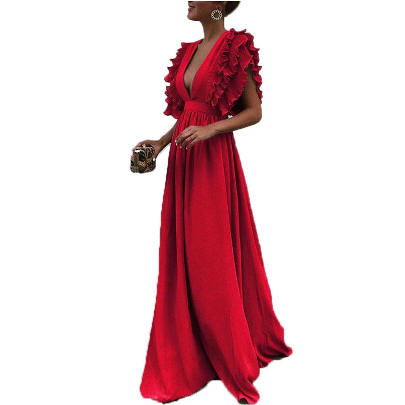 2023 donne Sexy profondo scollo a V Ruffles Boho Maxi Club vestito rosso 3XL PlusSize fasciatura abito lungo partito damigelle d'onore Robe Longue Femme