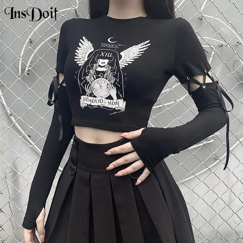 

InsDoit Mall Goth Print Black T Shirt Women Streetwear Punk Aesthetic Bandage Patchwork Sleeve T-shirt Harajuku Autumn Crop Top