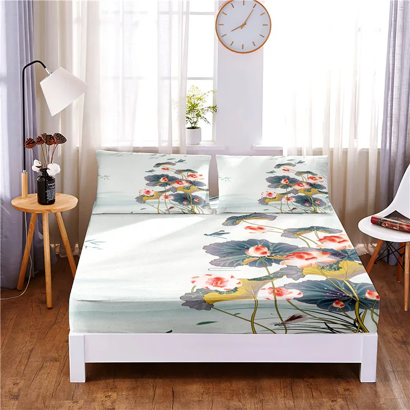 

Lotus Digital Printed 3pc Polyester Fitted Sheet Mattress Cover Four Corners with Elastic Band Bed Sheet Pillowcases