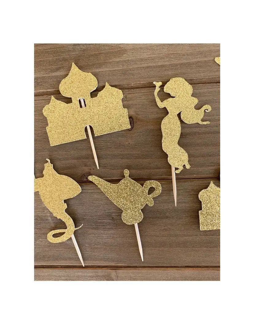 8pcs Princess Magic lamp Gold Glitter Toppers / Princess Cupcake Toppers Party Decor Girl princess party cake decoration