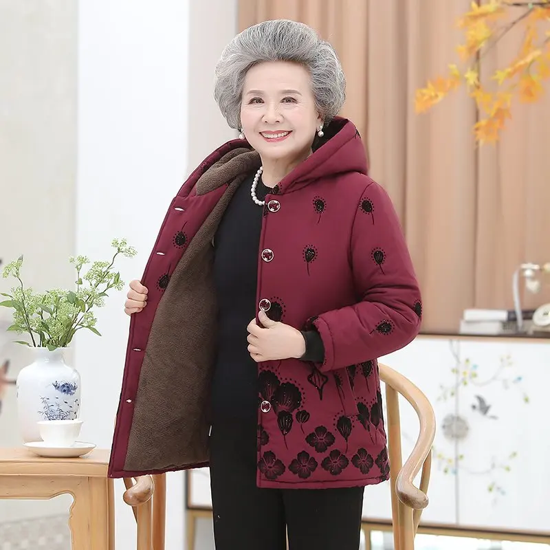 60-70-80 year old Middle-aged and Elderly Women\'s Padded Jacket Plus Size 5XL Winter Jackets Hooded Warm Cotton Overcoat Parkas