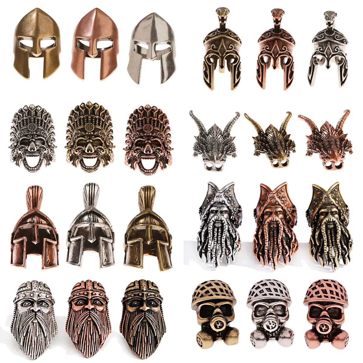 3Pcs/Lot Paracord Beads Rope Mask Pendant Helmet Beads Old Copper Charms Bracelet Beads For Jewelry Making