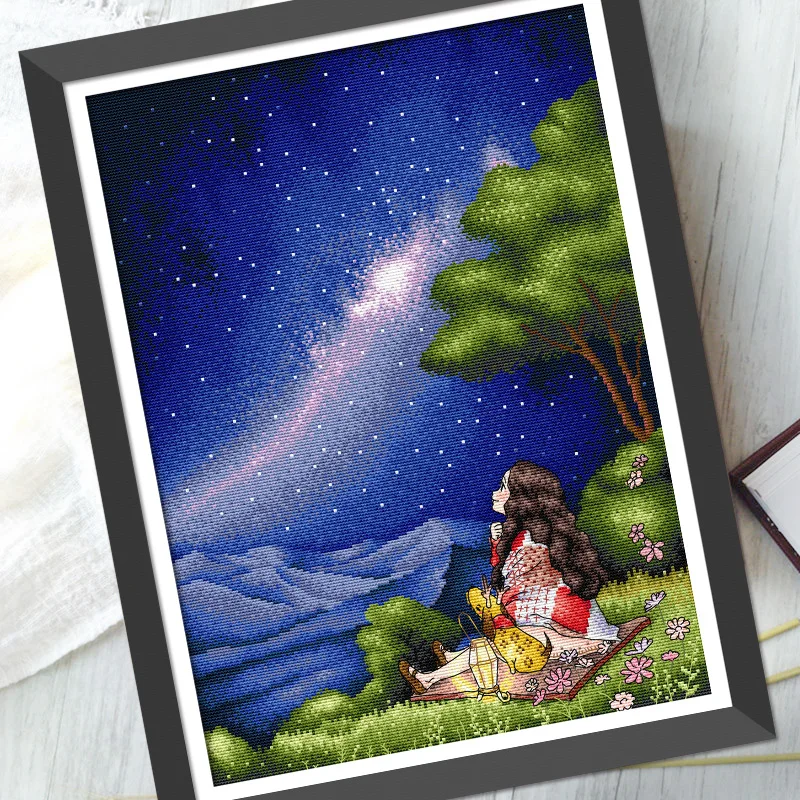 Embroidered Cross-stitch Embroidery, Girl Looking up at the Sky, Full of Stars and the Milky Way, Daughter's Room Decoration