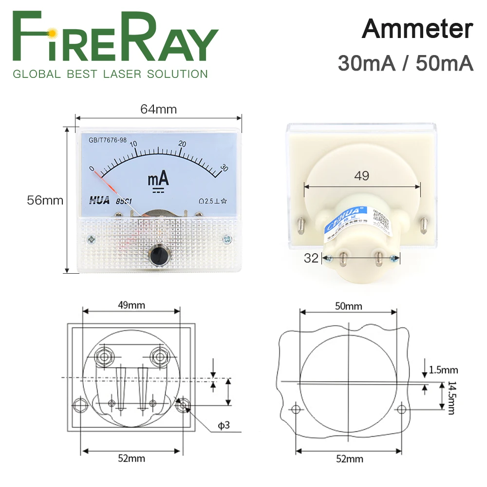 FireRay 30mA 50mA مقياس التيار الكهربائي HUA 85C1 تيار مستمر 0-30mA 0-50mA التناظرية أمبير عداد لوحة الحالي لآلة قطع النقش بالليزر CO2
