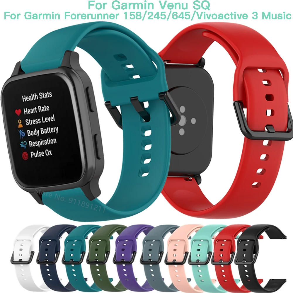 20มม.สำหรับ Garmin Venu SQ สร้อยข้อมือซิลิโคนสายรัดข้อมือสำหรับ Garmin Forerunner 158/245/645/Vivoactive 3สมาร์ทสายคล้อง
