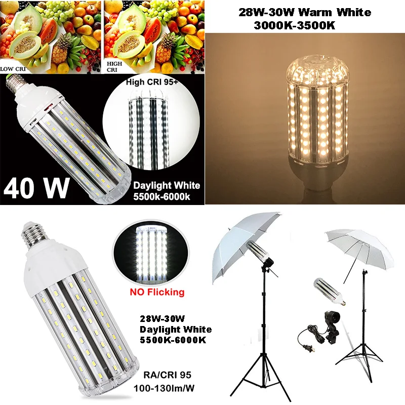 Żarówki LED High CRI RA 95+ 30W/40W AC85V-265V E27 Żarówki LED Lampa kukurydziana BEZ migotania do studia wideo Biuro Fabryka Garaż