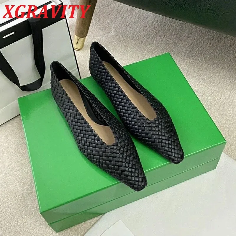 C350 New 2024 Spring Summer Knitted Flat Shoe Cow Leather Women Leisure Flats Comfortable Ladies Pointed Toe V Design Lady Shoes