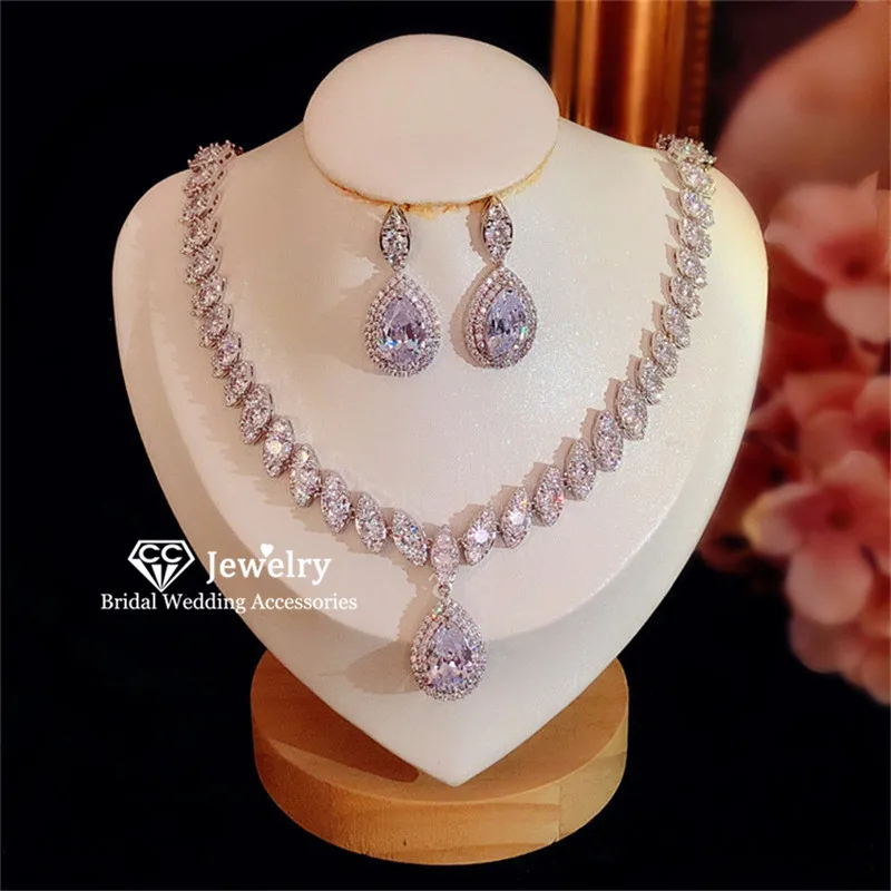 CC Stud Earring Necklace Set Wedding Jewelry for Women Bridal Party Accessory Shine Cubic Zircon Fine Jewellery Gifts CCAS224