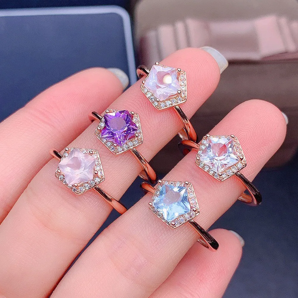 

Rose Gold 925 Sterling Silver Natural Gems Rose Quartz, Amethyst, White Topaz, Blue Topaz Flower Ring For Women Anniversary Gift