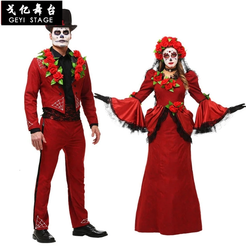 Donne adulte Halloween Day Dead Costume Ladies Bridal maniche lunghe Black spaventoso Skeleton Skull Joker Cosplay Dress Plus for men