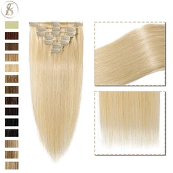 TESS 15colours Women Human Clip In Hair Extensions  Hairpiece Non-Remy Straight Hair Full Head Thin Highlight Bleach Blonde