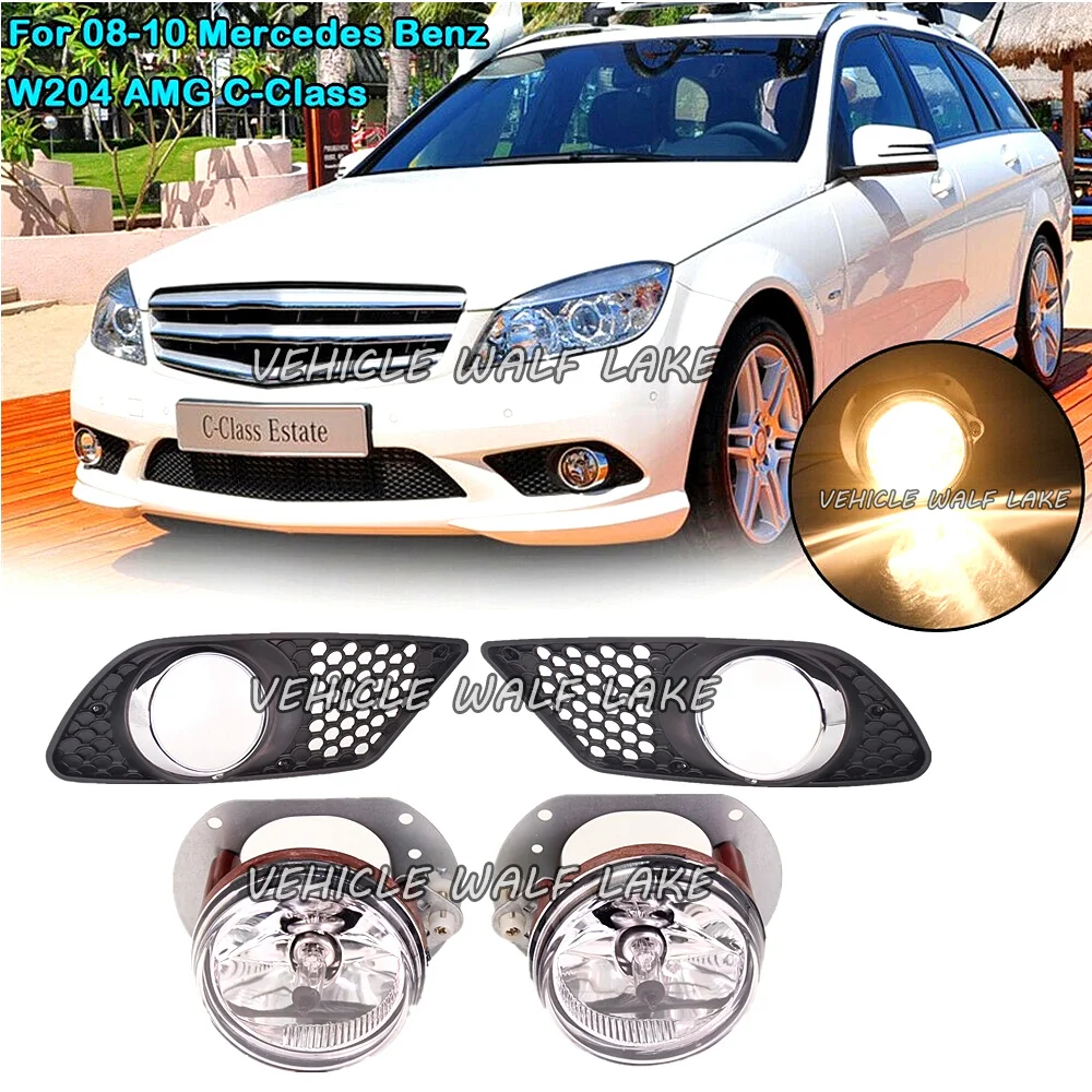 For Mercedes Benz C Class W204 AMG 2008 2009 2010 Car-Stying Front Fog Lamp Light With Bulbs + Grille Cover