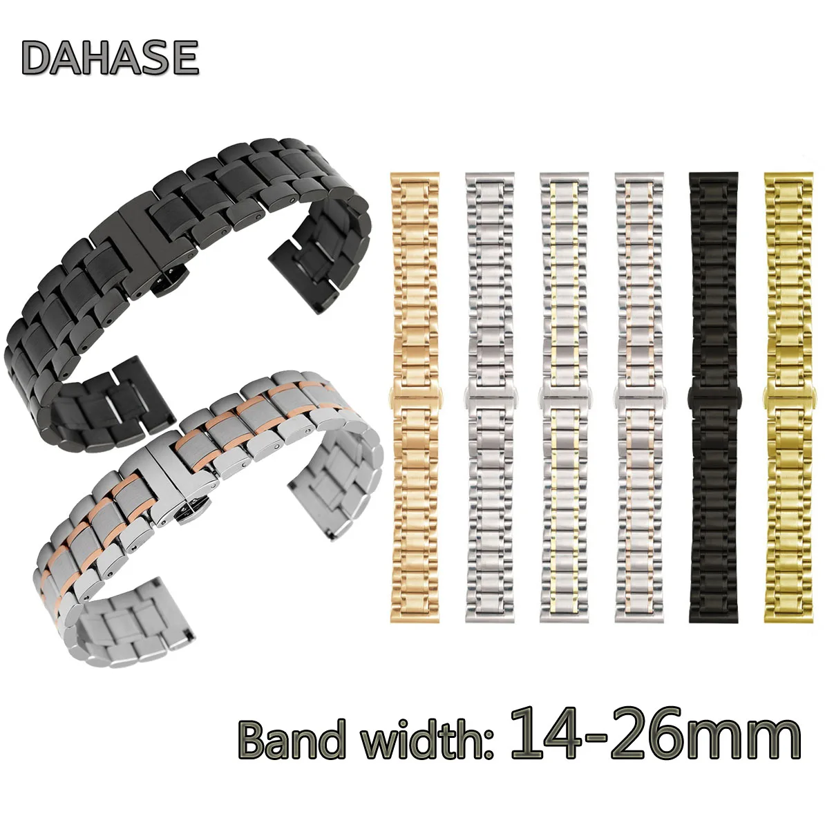 12 14 15 16 17 18mm 19 20 21 22mm 23 24mm Watchband 2-in-1 Flat Curved End Stainless Steel Metal Watch Band Wrist Strap Belt