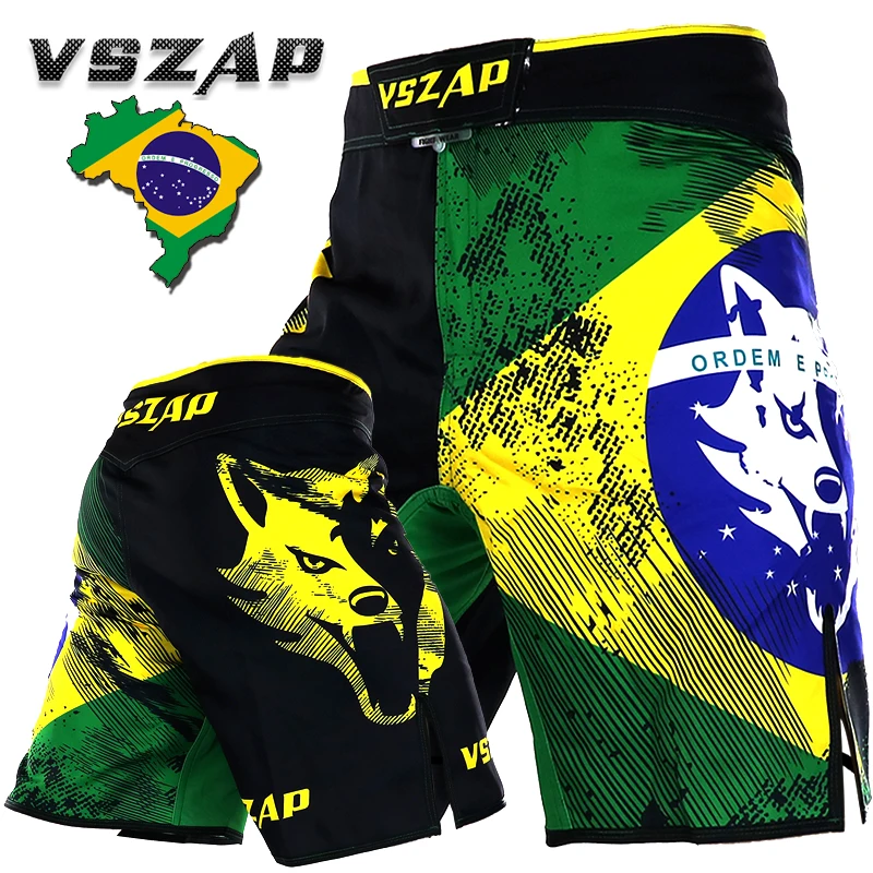 VSZAP Men's Brazil Boxing Shorts Printing MMA Shorts Fight Grappling Short Polyester Kick Gel Thai Boxing Shorts MMA Boxe