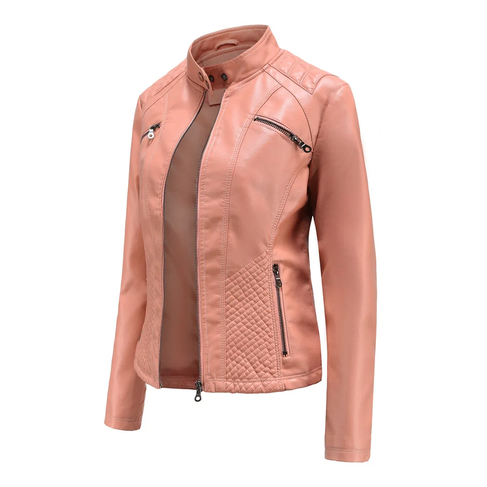 Spring New Casual Women Leather Jacket Stand Collar Slim Fit Short PU Leather Coat Solid Classic Female Outerwear