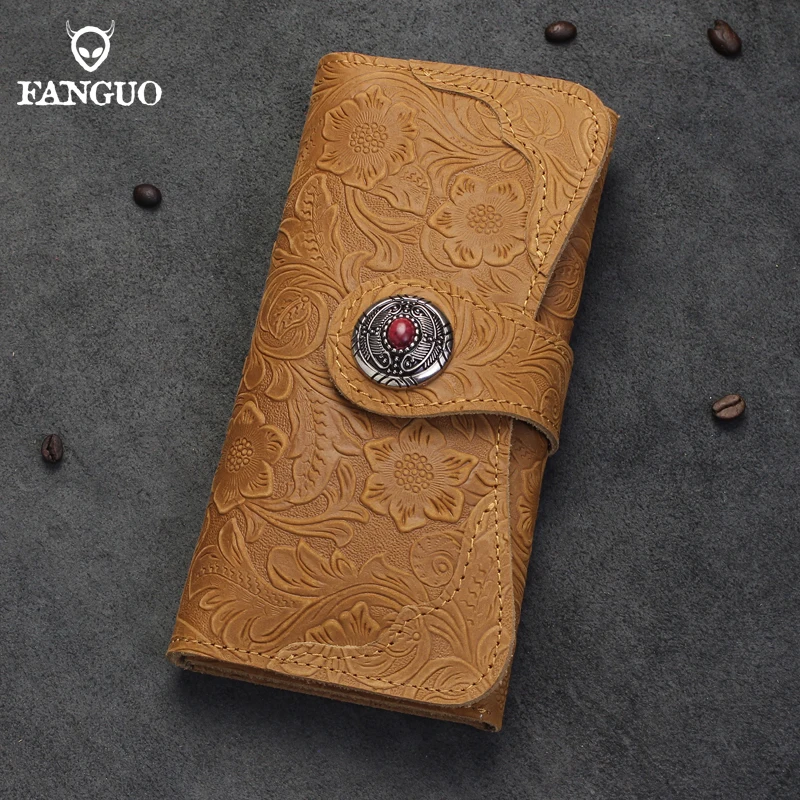 Handmade Genuine Leather Women Wallet Retro Classic Long Purse Mulit-function Phone Holder Credit Card Slot With Zipper Pocket