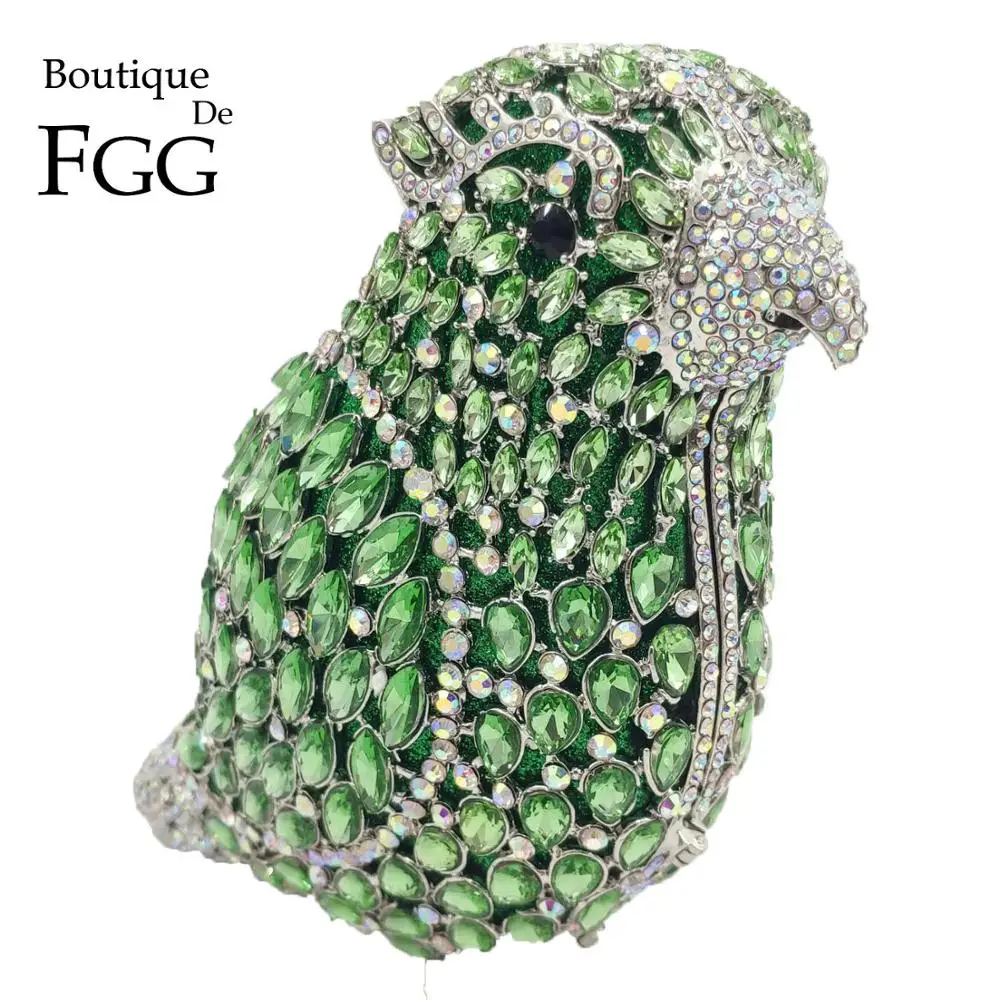 Boutique De FGG Green with Iridescent Parrot Clutch Purses Women Crysal Evening Bags Party Cocktail Rhinestones Handbags