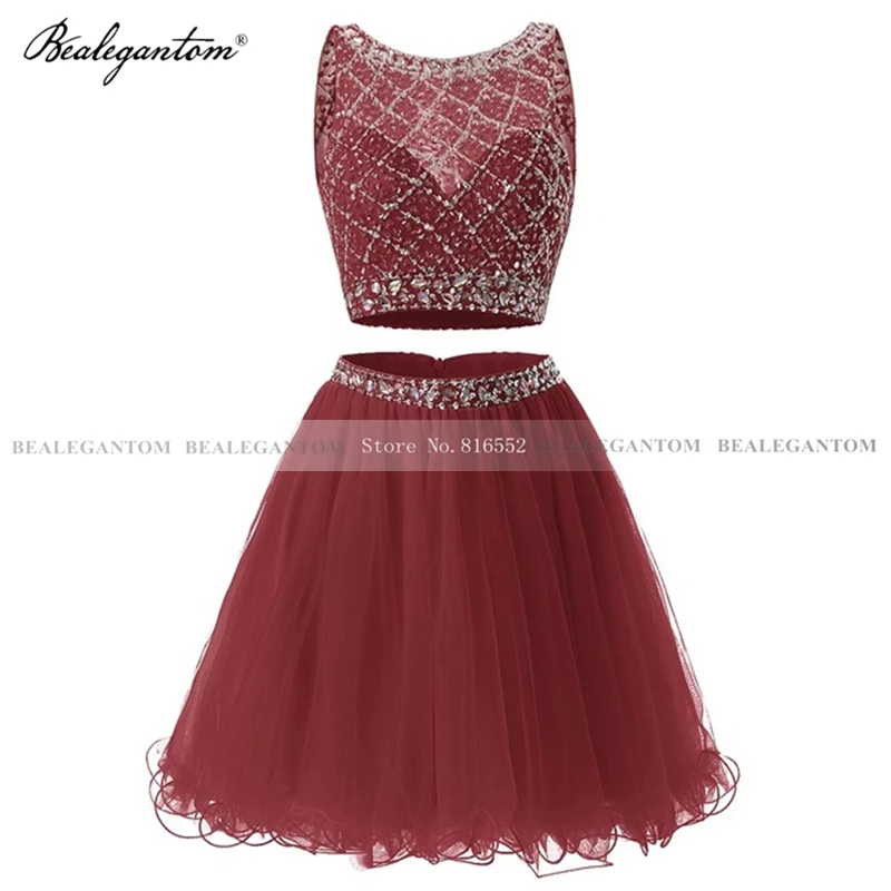 Bealegantom Twee Stukken Korte Cocktail Jurken 2021 Mini Kristallen Kralen Tulle Formele Prom Graduation Homecoming Party Gown CD108