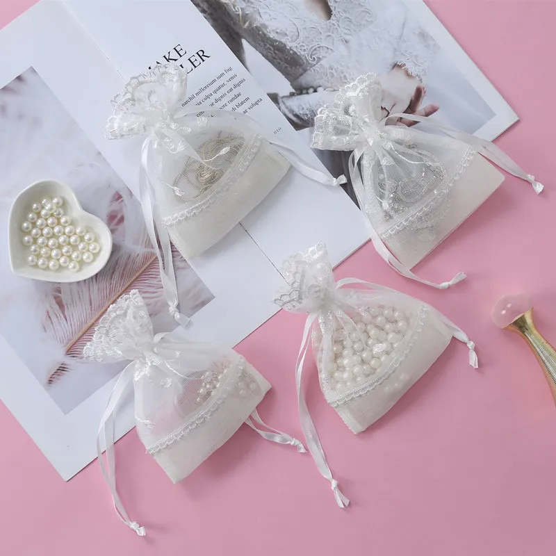 

6 To 24pcs 10x14cm White Five-petal White Lace Yarn Bag Folding Bottom Jewelry Rope Bag Creative Gift Slub Yarn Bag Wedding