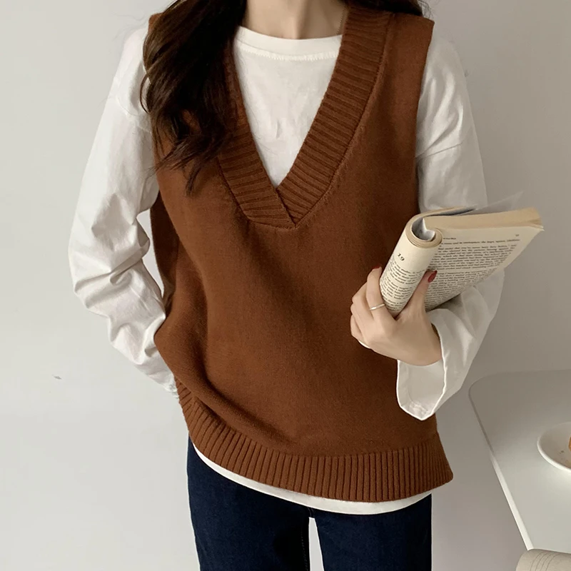 Women Solid Sweater Vests V-neck Gentle Knitted Loose Soft Autumn Daily Side-slit Teenagers Outwear Females Jumpers Trendy Hot