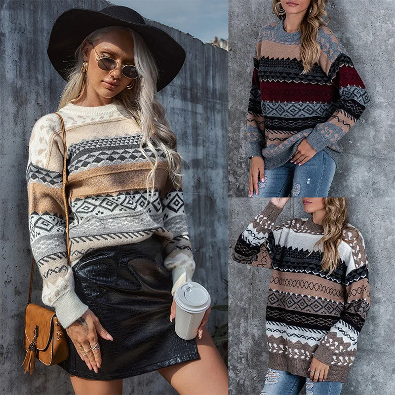 Women Sweater Fall Winter Lazy Wind Pullover Loose Round Neck Long Sleeve Retro Korean Style Knitted Sweater PULLOV women