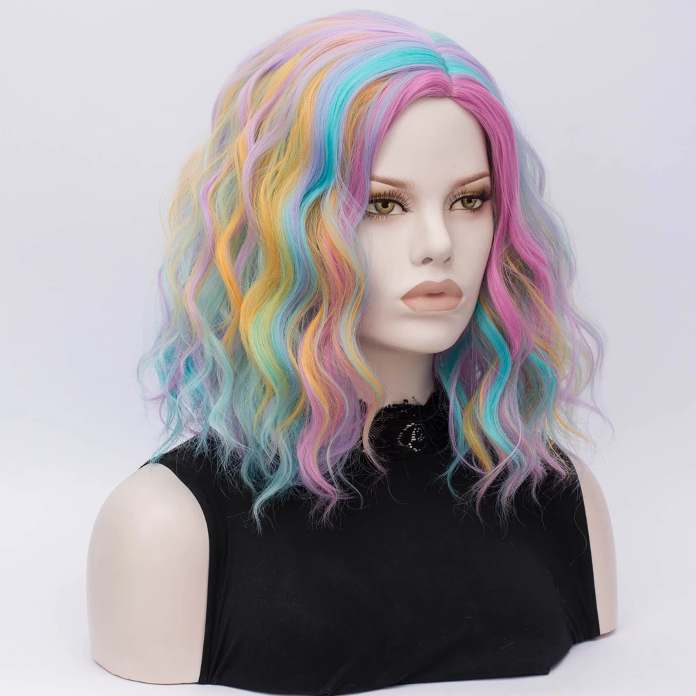 Similler Synthetic Central Part Multicolor Rainbow Short Wigs for Women Heat Resistance Cosplay Curly Wig