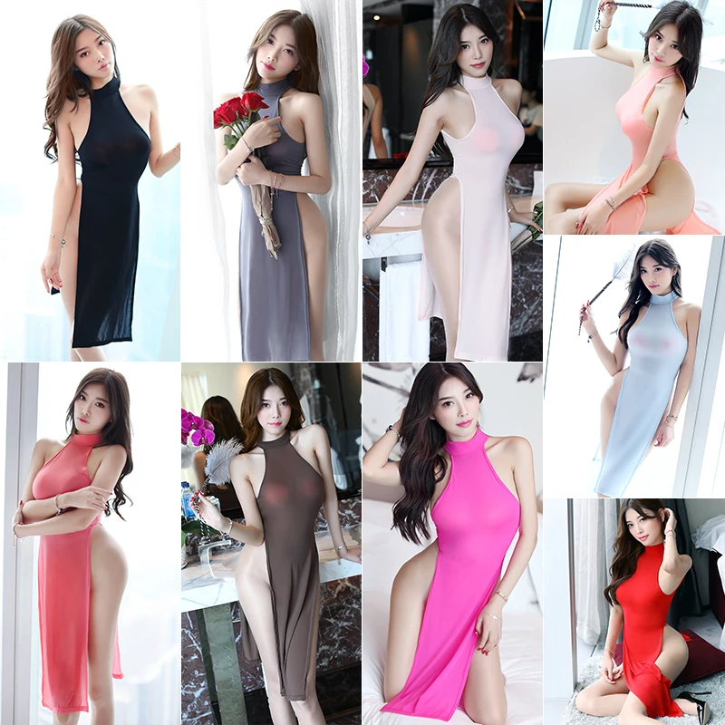 Vestido Erótico de Corte Alto Feminino, Virilha Aberta, Sem Costas, Cabal Transparente, Anel de Metal, Cheongsam Longo, Cor Doce, Sexy, Novo