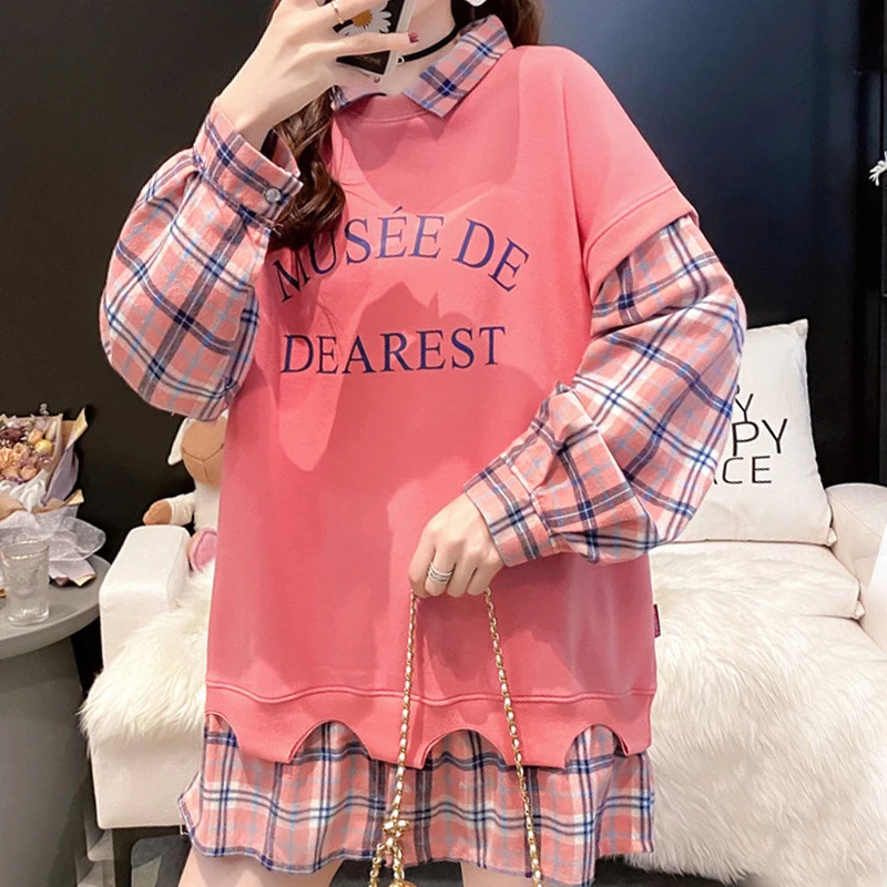 2020 Autumn New Korean Version Loose Fashion Casual Plaid Fake Two-piece Women Sweatshirt Letter Printing Lapel Female Pullover