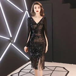 SIDAIMI Party 2024 New Women's Black Sequin Dress Elegant Long Chifon Sleeve Dress Tassel Party Short Dress