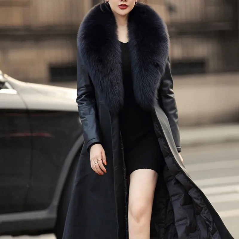 Women Winter Luxury Fox Fur Collar Down Coat Elegant Slim Real Leather Sheepskin Overcoat Thick Warm Office Lady Long Jacket