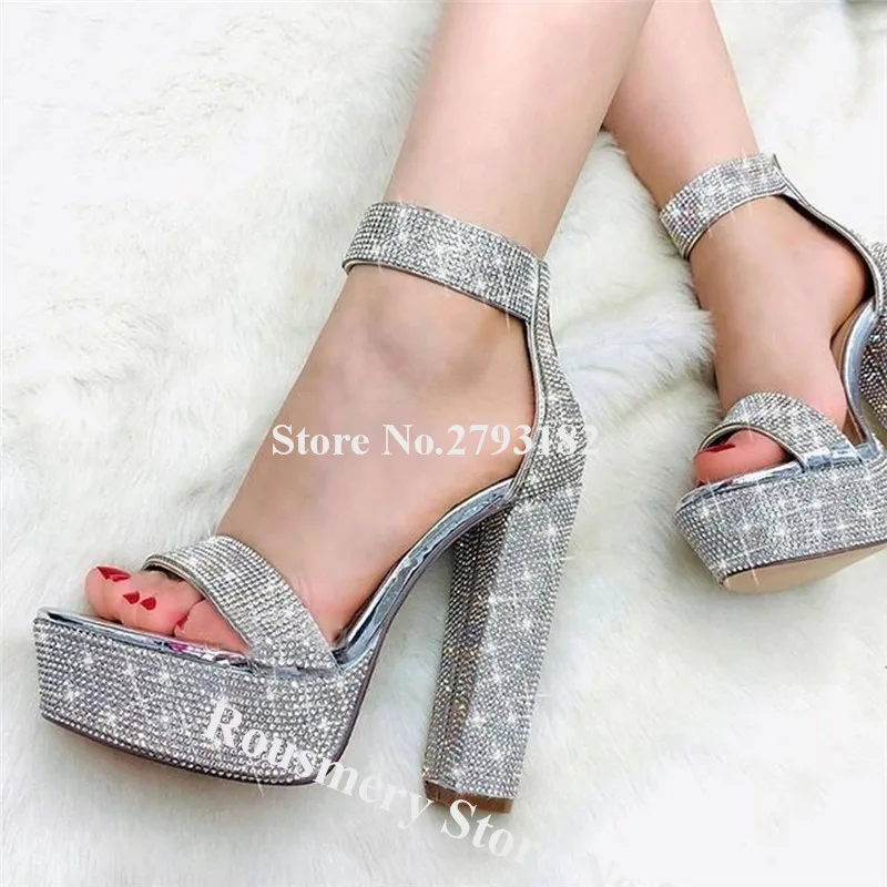 

Bling Bling Silver Rhinestone Open Toe High Platform Chunky Heel Sandals Ankle Strap Thick High Heel Crystal High Heel Sandals