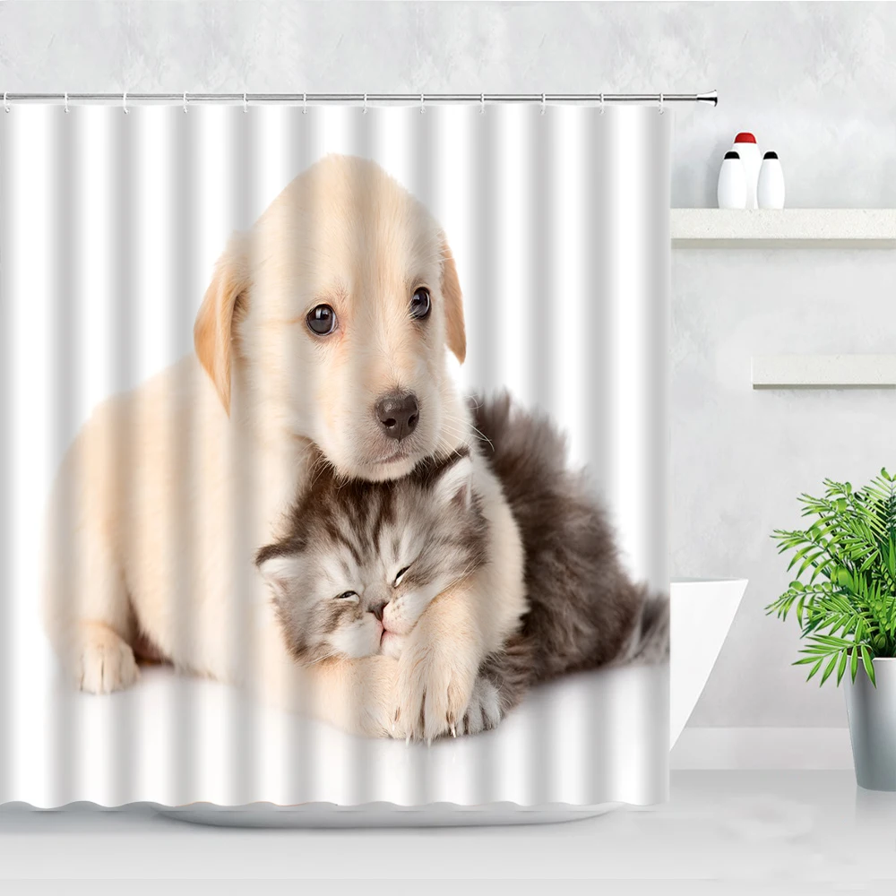 Cute Dog Shower Curtains Black Funny Animals French Bulldog Pattern 3D Print White Home Bathroom Decor Hooks Bath Curtain Sets