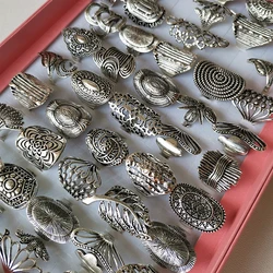 Wholesale Rings 25Pcs Lot Bulk Flower Rings For Women Female Mix Style Vintage Metal Alloy Silver Carved Plated Fashion Jewelry