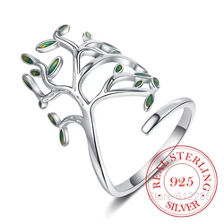 925 Sterling Silver Tree of Life Green Tree Leaves Adjustable Finger Rings for Women Sterling Silver Jewelry Wedding Party Gift