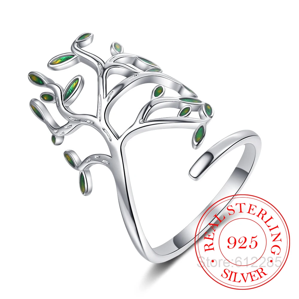 925 Sterling Silver Tree of Life Green Tree Leaves Regulowane pierścionki na palce dla kobiet Biżuteria ze srebra próby 925 Prezent ślubny