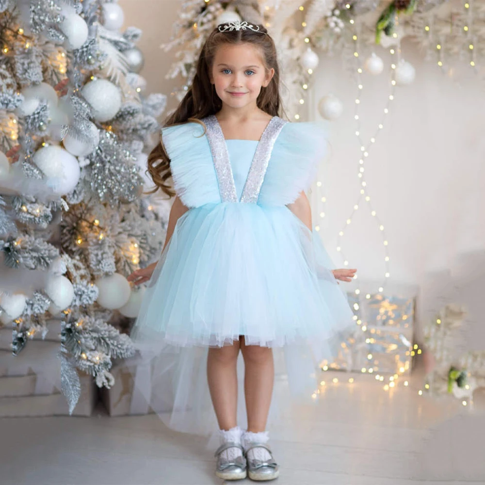 Hellblaues Baby Mädchen Party kleid für Geburtstag Pailletten Tüll Hi-Lo eine Linie Weihnachts kleid niedlichen Tutu Blumen kleider