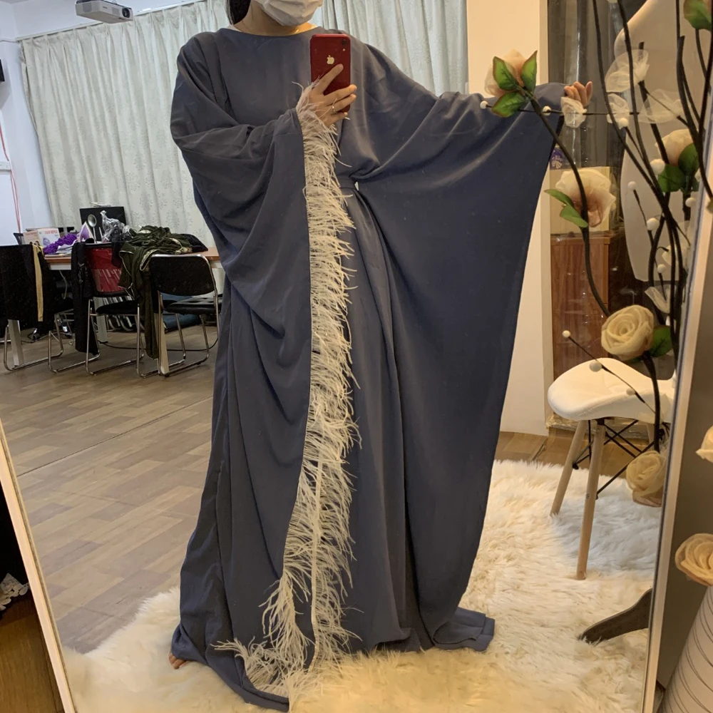 Ramadan Eid New Design Abaya Shinny Abaya Dubai Style Muslim Women Dress with Feather Sleeve Islamic Modest Comfortable Clothing