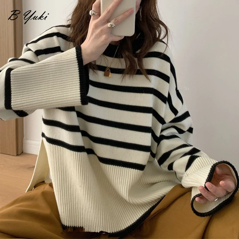 

Blessyuki Autumn Oversized Loose Knitted Stripe Sweater Women Classic Retro All-match Bilateral Split Pullovers Female Soft Tops