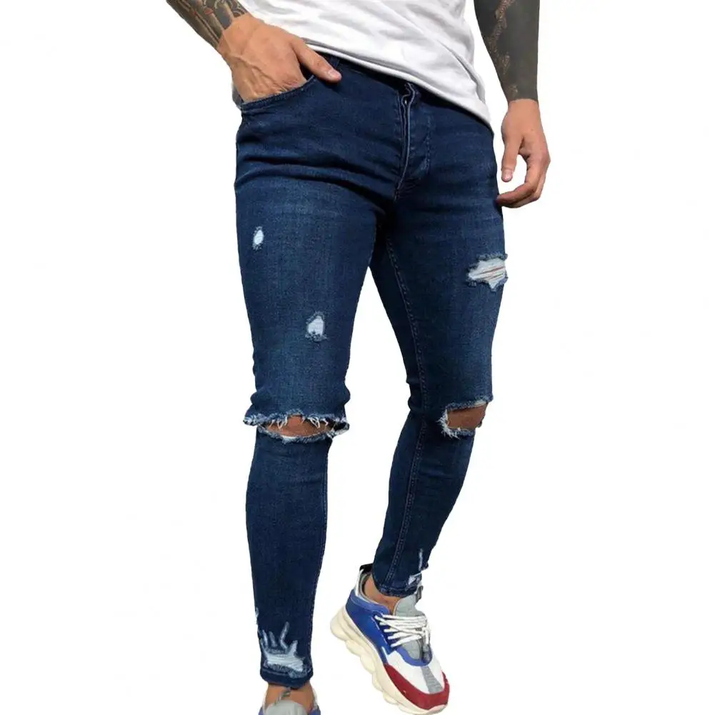 Fashion Men Trousers Slim Knee Ripped Hole 2 Colors Jeans for Men Split Design Skinny Men Denim Pants Streetwear