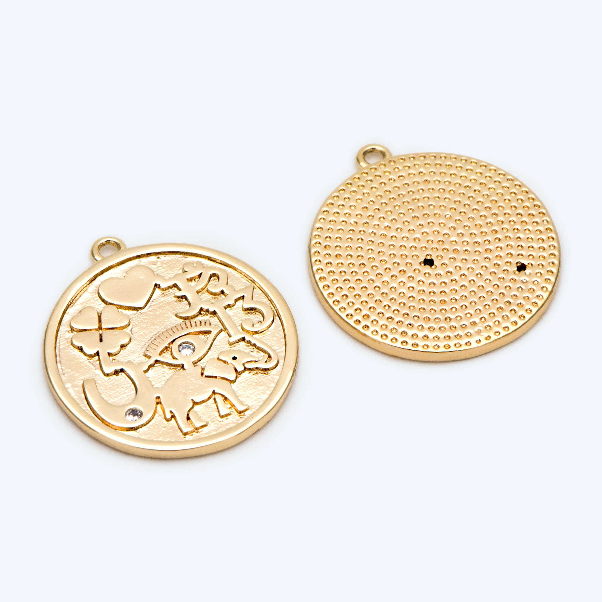 4pcs CZ Paved Round Coin Charms 20x22mm, 18K Gold Plated Brass Disc Pendants, with Eye/ Elephant/ Clover/ Heart Symbol (GB-2285)