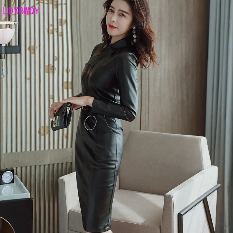 2021 autumn new Korean women\'s fashion temperament lapel single-breasted Slim PU leather long-sleeved dress Sashes