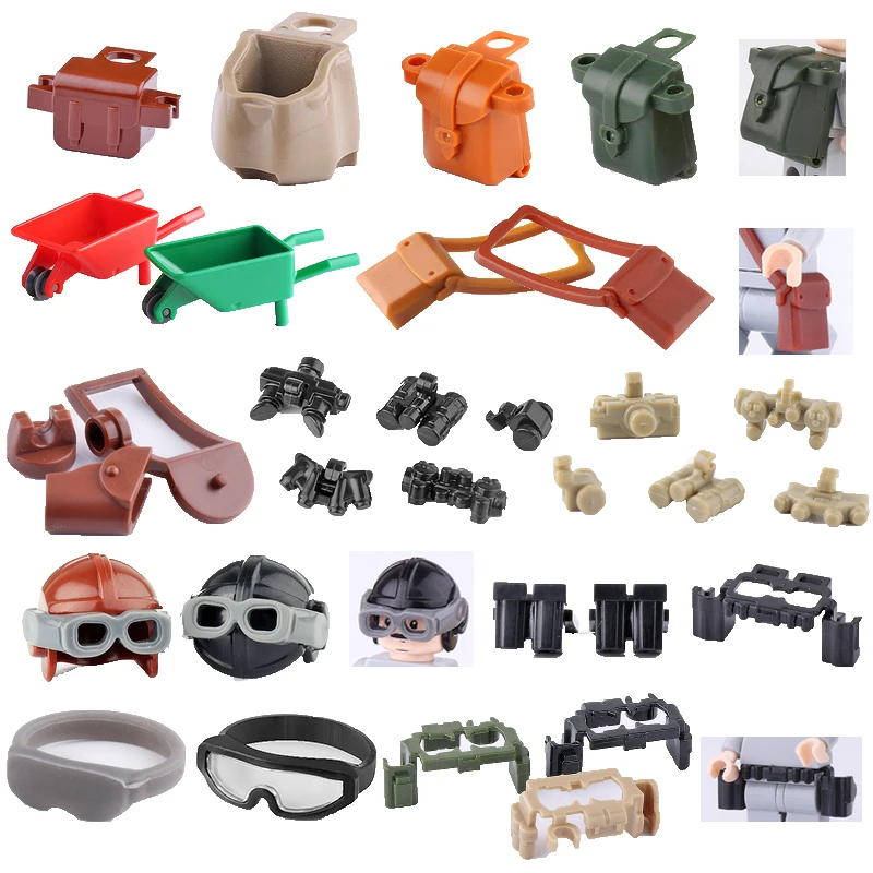 Bloques de construcción militares de la Segunda Guerra Mundial, Mini ladrillos, juguetes, regalos, mochila, gafas, cinturón, casco, dispositivo de
