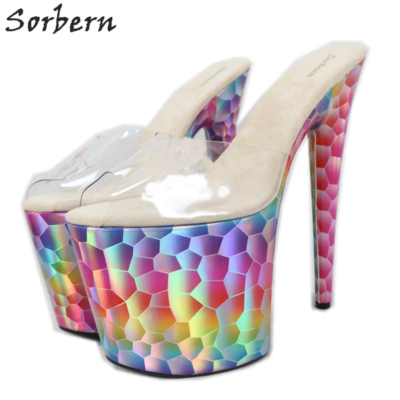 

Sorbern Holographic Rainbow Women Mules High Heel Transparent Pvc Thick Platform Summer Shoes Designer Heels Custom Colors New