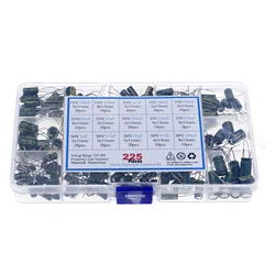 225Pcs/Box Capacitor Kit Aluminum Electrolytic Capacitors Set 15Values 16V-50V 1uF-470uF Assorted Kit Storage Low ESR
